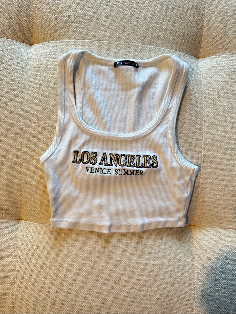 Zara White Ribbed 'Los Angeles Venice Summer' Cropped Tank - Picture 1 of 3